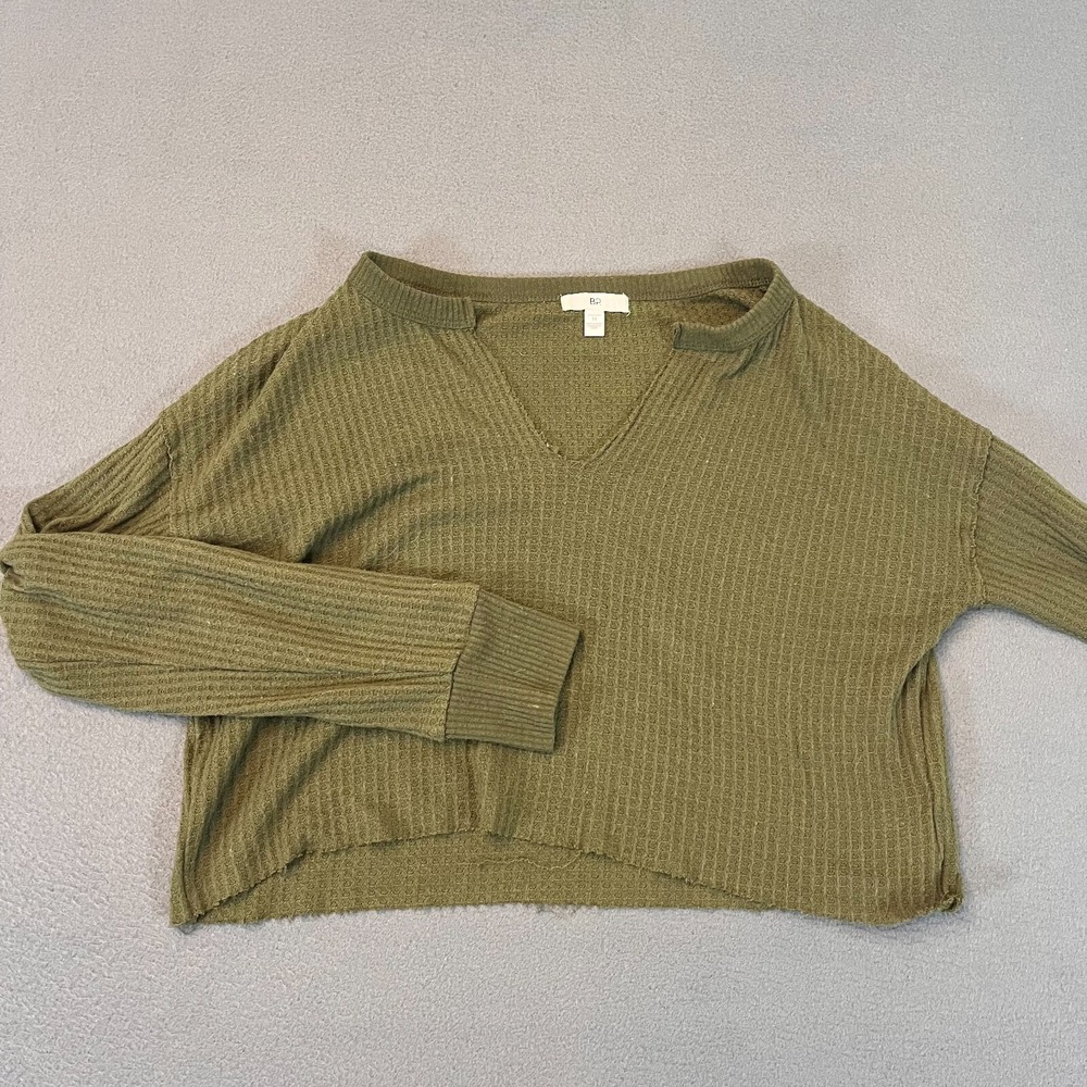 BP Ribbed V Neck Olive Green Sweater LS Shirt Women's Size Med Waffle Pattern